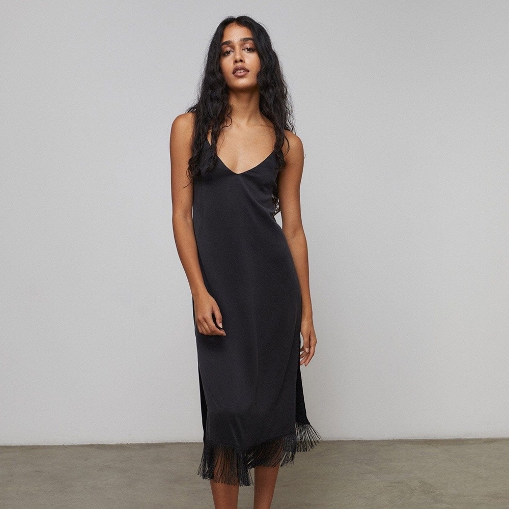 NWOT Lunya Washable Silk Fringe Slip Dress in Black